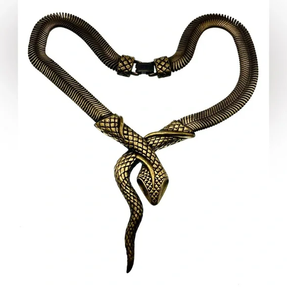 Vintage Bronze Tone Mesh Chain Snake Necklace Choker Bold Unique Statement - Picture 1 of 8